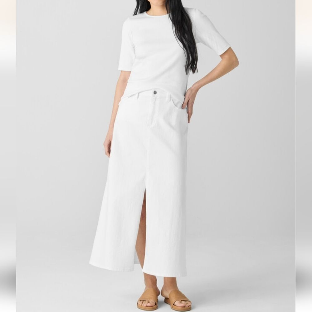 Eileen Fisher Garment-dyed Organic Cotton Denim Straight Skirt White Small